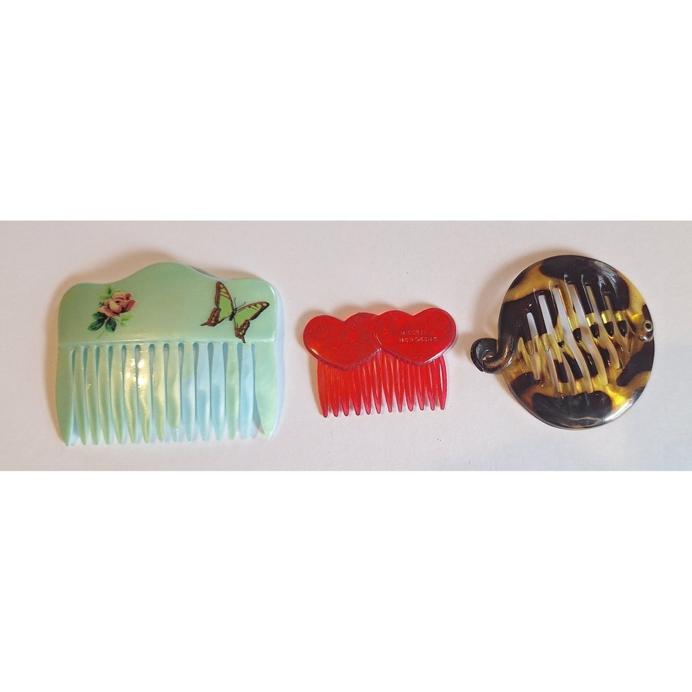 Vintage Hair Comb Set West Germany Blue Rose Butterfly Red Heart Tortoise Shell